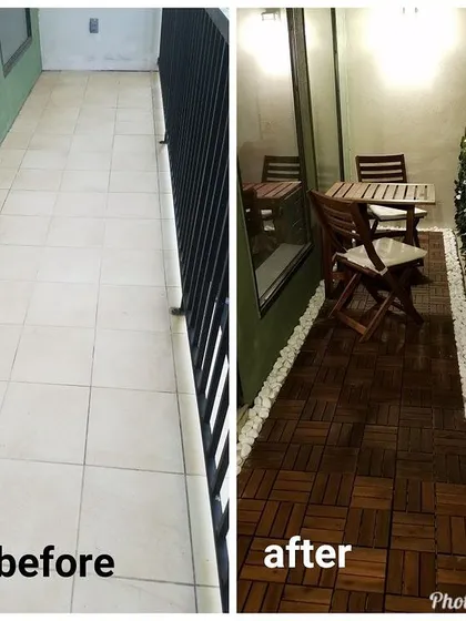 The power of a good plan. This before-and-after shot shows how I converted a narrow, unused balcony into a warm and inviting seating area. The transformation includes WPC deck flooring, soft lighting, and a border of white pebbles for a clean, finished look.
