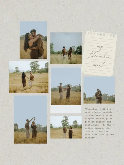 A "November mood" collage that captures the gentle, romantic feel of an autumn day. These shots from their field pre-wedding session are full of warmth and nostalgia.