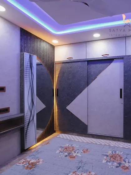 A full view of the bedroom, showing the interplay between the geometric wardrobe, the textured walls, and the ambient purple lighting for a cohesive, modern look.