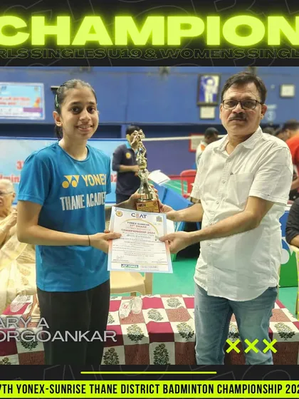 Aarya Korgoankar, winner of both the Girls Singles U-19 and Women's Singles events, showcasing her dominance at the district level.