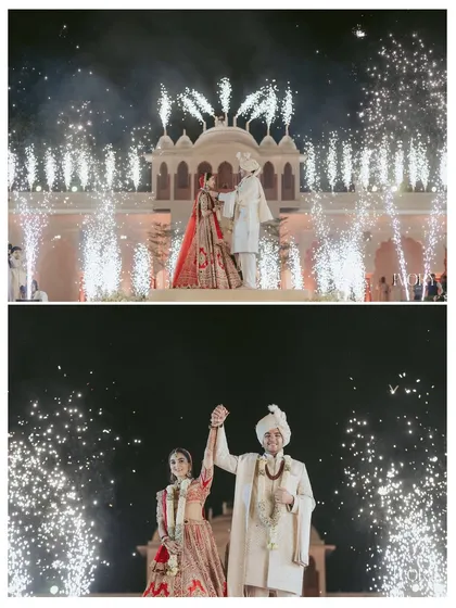 Two perspectives of a singular, magical moment. We frame the Varmala with fireworks from both a wide and a close angle to document the grandeur and the personal connection.