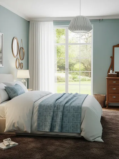 A tranquil bedroom with light blue walls and a large window overlooking a garden. The traditional wooden dresser and simple white bedding create a classic and comfortable atmosphere.