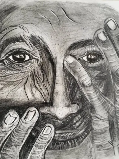 A realistic pencil sketch capturing the deep lines and expressive eyes of an elderly person. The caption reads, "We are not Senior Citizens, we are recycled Teenagers." Join my art classes to learn realistic sketching.