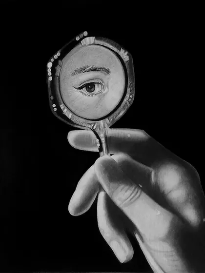 A self-portrait of sorts. This piece, titled 'Reflection', shows a hand holding a mirror with an eye looking back.
