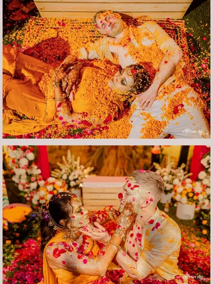 A collage of tender and playful moments from the Haldi, showcasing the couple's connection.