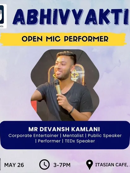 Another look at the poster for the 'Abhivyakti' fest. It highlights my work as a corporate entertainer, mentalist, and TEDx speaker, showing the different hats I wear as a performer.