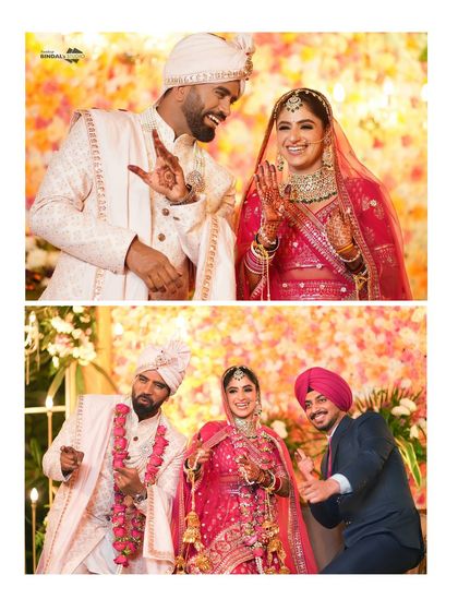 A fun and candid collage of the couple with a friend, striking a pose. It shows the lighthearted and joyful side of the wedding day.
