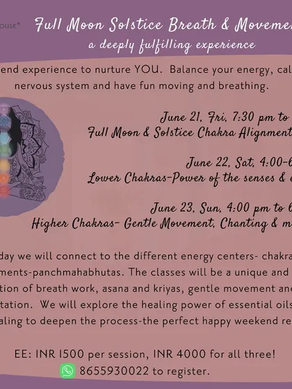 A weekend experience to nurture you. This Full Moon Solstice series focuses on chakra alignment, connecting with the elements, and exploring the power of your senses through breathwork, asana, kriyas, and meditation.