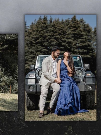 A stylish and fun shot with a jeep in a forest setting. The couple's relaxed and happy expressions show their playful chemistry, combining adventure with romance.