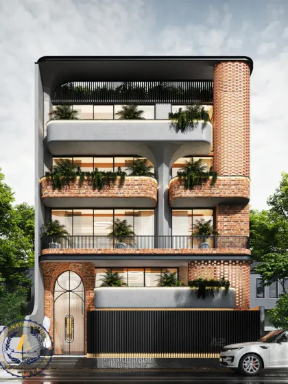 This facade is all about balance, pairing the warm, lived-in charm of exposed brick with the calm flow of gentle concrete curves. A touch of greenery softens the lines and brings the whole space to life.