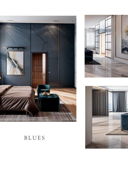 This collage highlights the "Blues" theme, showcasing a bedroom with a dramatic blue accent wall alongside a bright, open living space, demonstrating how a single color can be used to create different moods.