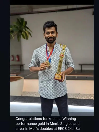 Success isn't just for the kids. Congratulations to our adult trainee Krishna for his stellar performance, winning Gold in Men's Singles and Silver in Men's Doubles at the EESC 24, IISC.