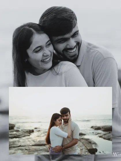 A diptych of happy and intimate moments. The top frame captures a joyful, laughing embrace, while the bottom shows a quieter, more tender connection.
