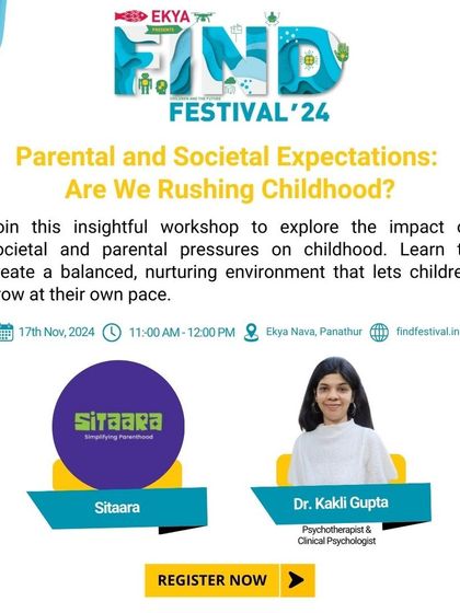 An announcement for a workshop titled "Are We Rushing Childhood?" led by a psychotherapist. This session explores the impact of societal pressures and offers guidance on creating a balanced, nurturing environment for children.