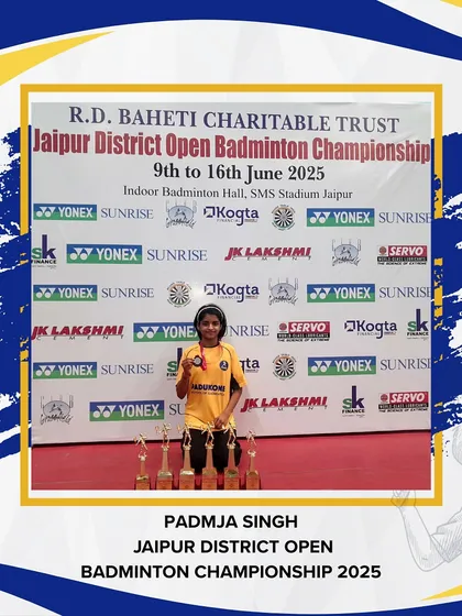 Padmja Singh, a champion from our PSB High-Performance center, showcases her incredible 7-medal haul from the Jaipur District Championship. Our tournaments are a platform for talented players to gain recognition and prove their mettle.