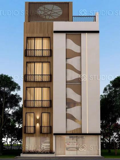 A unique facade design for a 200 sq. yard plot in Kirti Nagar, featuring a wave-like sculptural element on one side. This artistic feature contrasts with the traditional wrought-iron balconies on the other side.