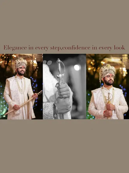 An elegant collage of the groom's wedding portraits. It features full-length shots showcasing his royal attire and a close-up of him holding a traditional sword.