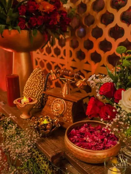 Another angle of the vintage decor corner, with the rotary telephone, rose petals, and baby's breath creating a romantic and nostalgic scene.