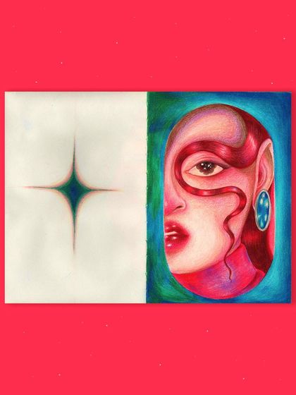 A colored pencil study of a face in profile, framed by an oval.