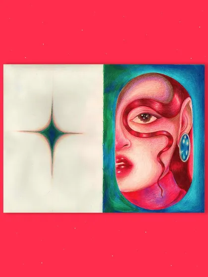 A colored pencil study of a face in profile, framed by an oval.