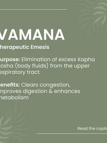 A summary of Vamana therapy. Its primary purpose is to eliminate excess Kapha dosha from the upper respiratory tract. The key benefits include clearing congestion, improving digestion, and enhancing overall metabolism for a lighter, healthier feeling.