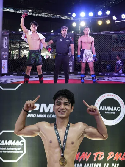 Ayush Panwar's victory collage. A TKO win in his first fight shows the kind of explosive talent we are building at Fighter Combat Club.