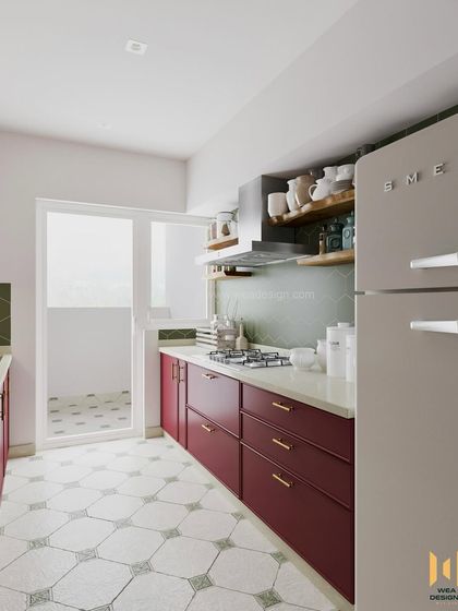 Another angle of the magenta kitchen, highlighting the retro-style SMEG fridge that perfectly complements the eclectic theme.
