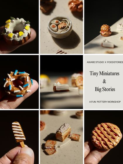 A beautiful grid collage showcasing the variety of tiny miniatures made in our workshop, from eclairs and pies to popsicles.
