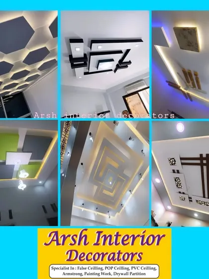 This collage showcases the sheer variety of false ceiling designs I can execute, including hexagonal patterns, layered geometric shapes, and minimalist styles with integrated lighting.