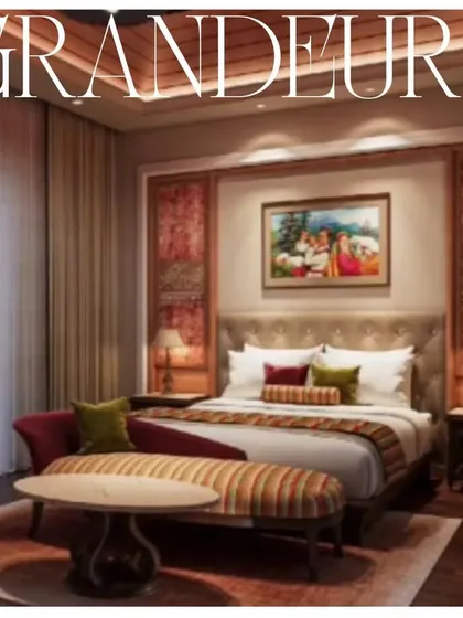 A bedroom concept for our project in Nahan, Himachal Pradesh, showcasing grandeur. The design incorporates rich textiles, a plush chaise lounge, and traditional artwork to create a space that whispers luxury.