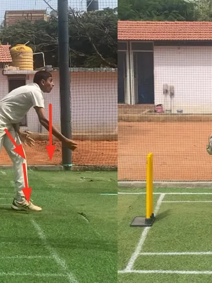 This leg-spinner's action was completely derailed. We worked on controlling his body position at back-foot landing and ensuring an aligned, coordinated finish, which you can see in the 'after' shot.