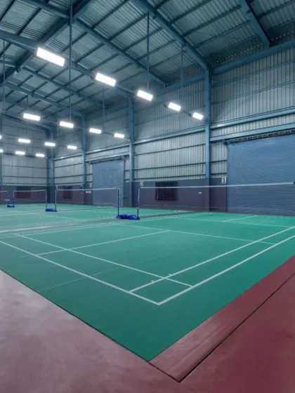 This is the GOAT Club in Bangalore, a professional badminton facility. I designed this 7,650 sq. ft. space with four courts built to BWF standards, featuring anti-glare lighting and sprung wooden flooring. It shows how sustainable and functional design principles can be applied to diverse projects, including sports architecture.