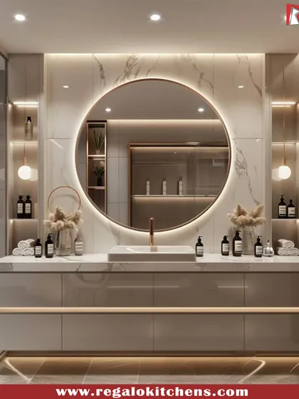 Our design philosophy extends to every room. This bathroom vanity combines luxurious marble, integrated lighting around a circular mirror, and ample storage to create a serene and highly functional personal space.