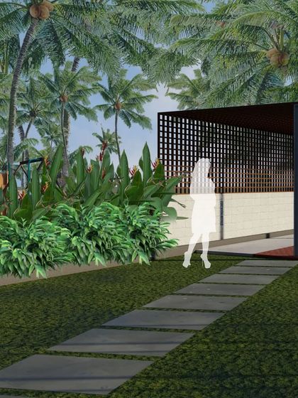 A pathway of stone pavers leads to a shaded pavilion within the event venue. The space is defined by a low wall and a backdrop of lush greenery, creating a simple yet elegant setting.