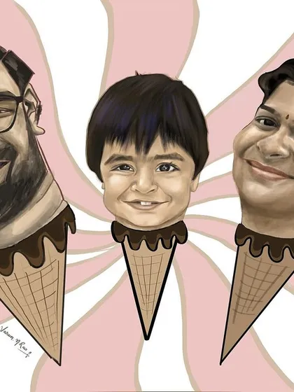 Turning a family into a fun, sweet caricature is always a delight. This digital artwork was created on an iPad, imagining the family as ice cream cones to capture their fun-loving spirit. It's a perfect, quirky piece for a unique family portrait or a special gift.