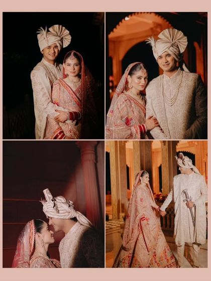 A collection of four royal wedding portraits, showcasing the couple in various intimate and formal poses against a palatial backdrop.