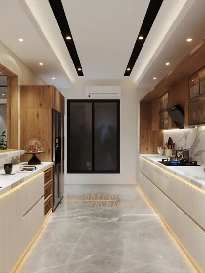 A full view of the parallel layout, showcasing the seamless integration of wood and white finishes, with marble countertops and backsplash.