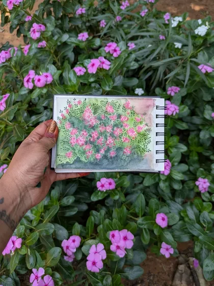 I love capturing my art right where it was inspired. This is a watercolor study of the beautiful periwinkle flowers I found, painted on the spot to capture their true colors.
