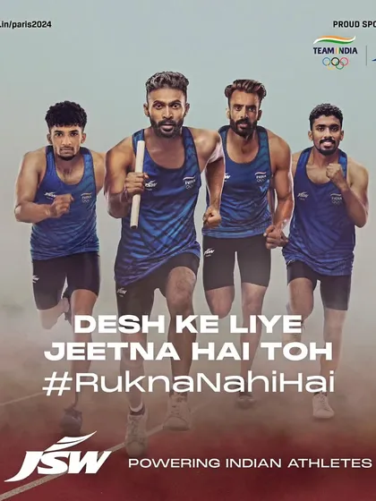 In the dust of hard work, our Olympians win our hearts. A powerful action shot of the Indian relay team for the JSW Paris Olympics campaign.