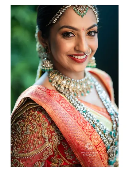 A close up of Likitha's radiant wedding look. Notice how the skin still looks like skin, with a beautiful glow that isn't hidden under heavy layers. My philosophy is to make you look regal yet real.