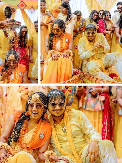 A collage of pure fun from Soujanya and Hari's Haldi, from being drenched with water to happy couple selfies.