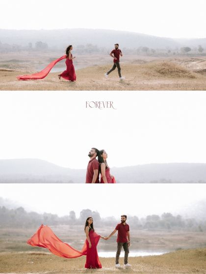 A creative collage that tells a story of movement and stillness, with the bride-to-be's flowing red dress adding a dramatic touch.