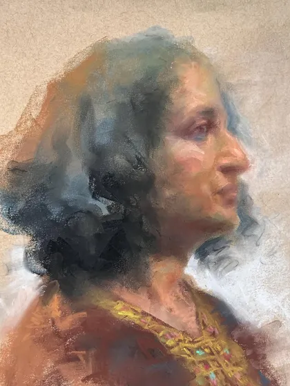 A soft pastel sketch exploring color and form. This expressive portrait of a woman uses a non-naturalistic palette to convey emotion and mood.