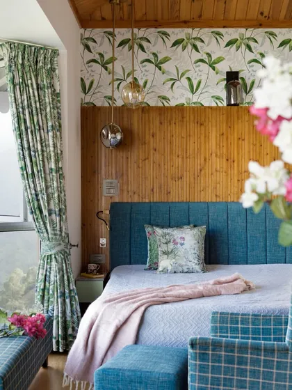 A bedroom should be a personal retreat. In our Valley of Dreams project, we used warm timber, a custom-upholstered bed, and lush foliage prints to create a cozy, cabin-like atmosphere that feels both grounded and dreamlike, blurring the line between the indoors and the Himalayan landscape outside.