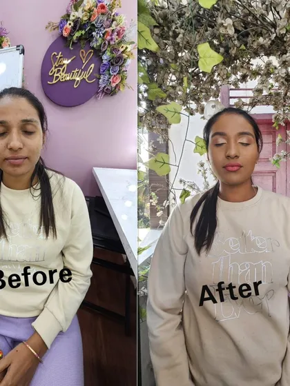 A simple before and after comparison of a natural makeup look. The goal here was to even out the skin tone and add a touch of color for a fresh, 'no-makeup' makeup look suitable for daytime events.