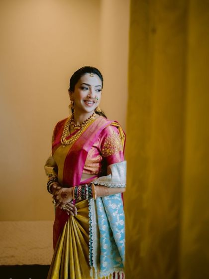 A beautiful portrait of a Marathi bride. The lighting perfectly captures the glow from her soft makeup and the elegance of her hairstyle.