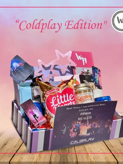 Another look at the Coldplay Edition hamper. The purple and pink color scheme and star decorations perfectly capture the "sky full of stars" vibe.