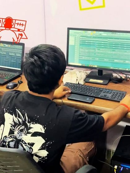 Students collaborate on a project, working together at a production workstation. Our courses foster a community of learners who can share ideas and grow their skills together.