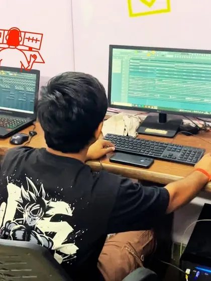 Students collaborate on a project, working together at a production workstation. Our courses foster a community of learners who can share ideas and grow their skills together.