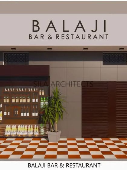A 3D concept for the facade of Balaji Bar & Restaurant. The design is simple yet elegant, with a clean storefront, checkered flooring, and subtle lighting to create an inviting entrance.